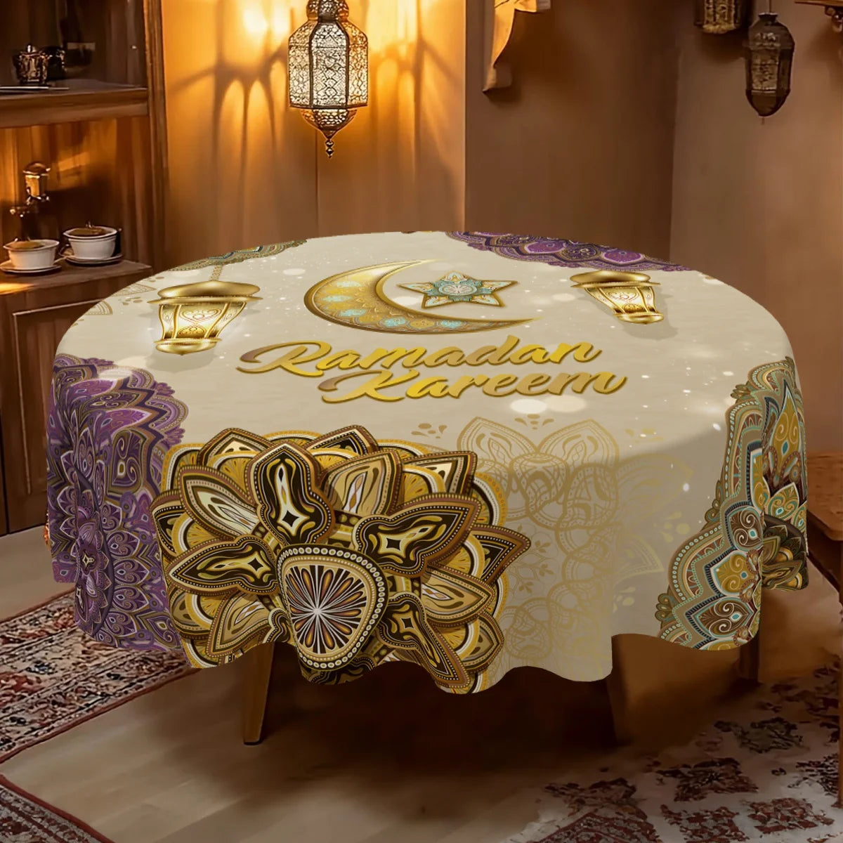 Ramadan Kareem Round Tablecloth – Reusable Islamic Table Decoration (2026).