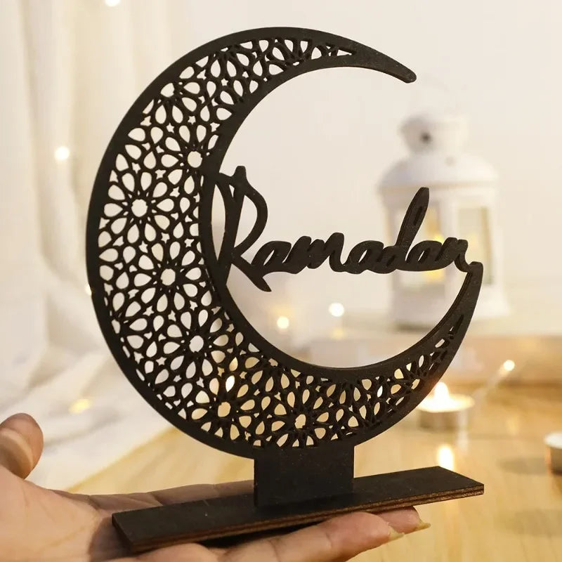 Eid Mubarak Black Wooden Moon Ornaments Ramadan Kareem Muslim Decor Ramadan Table Decorations Islamic Festival Decoration