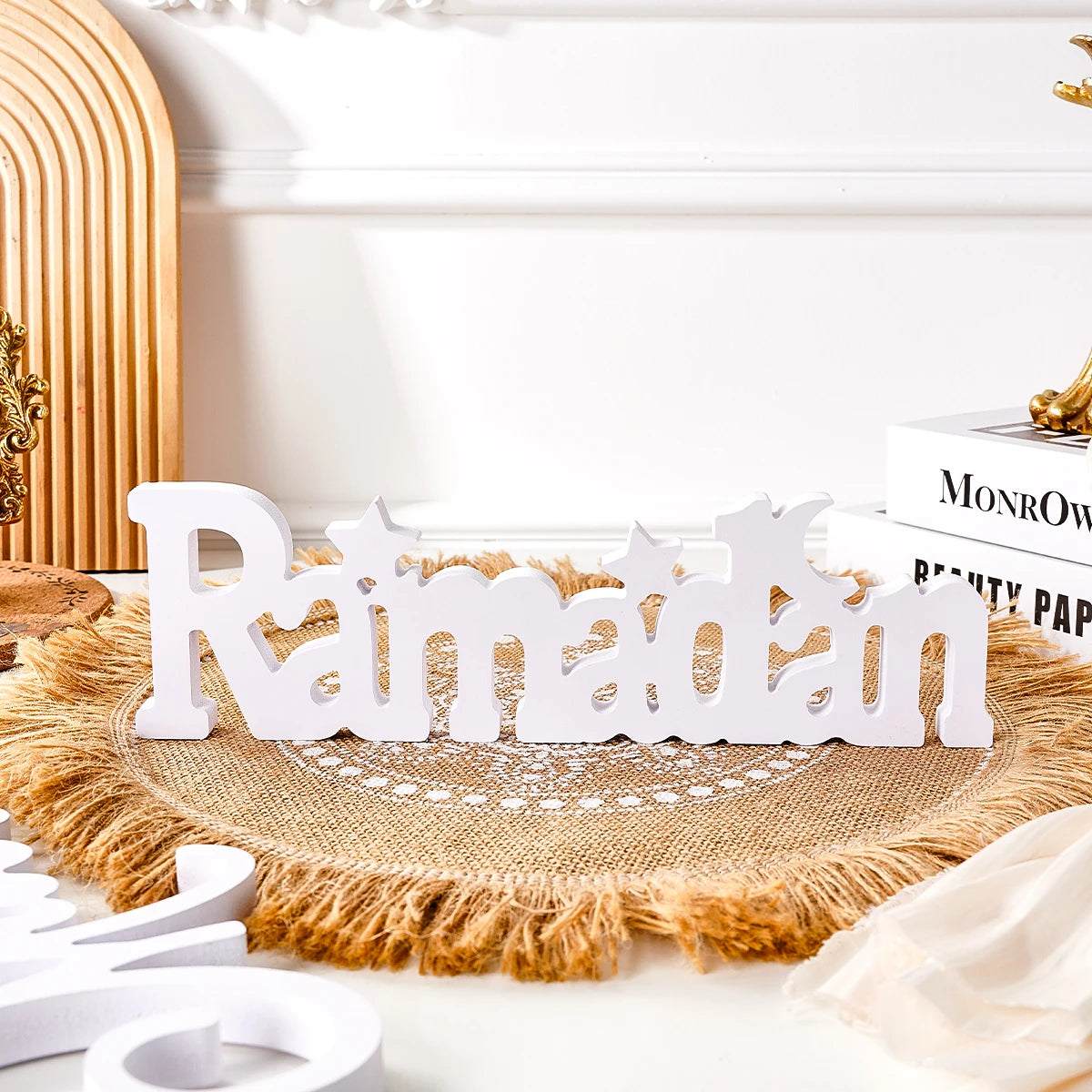 Ramadan Star & Moon Decorative Sign — Modern White Display