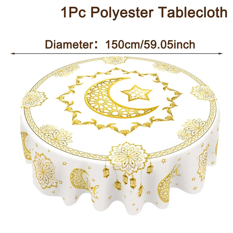 Ramadan Kareem Round Tablecloth – Reusable Islamic Table Decoration (2026).