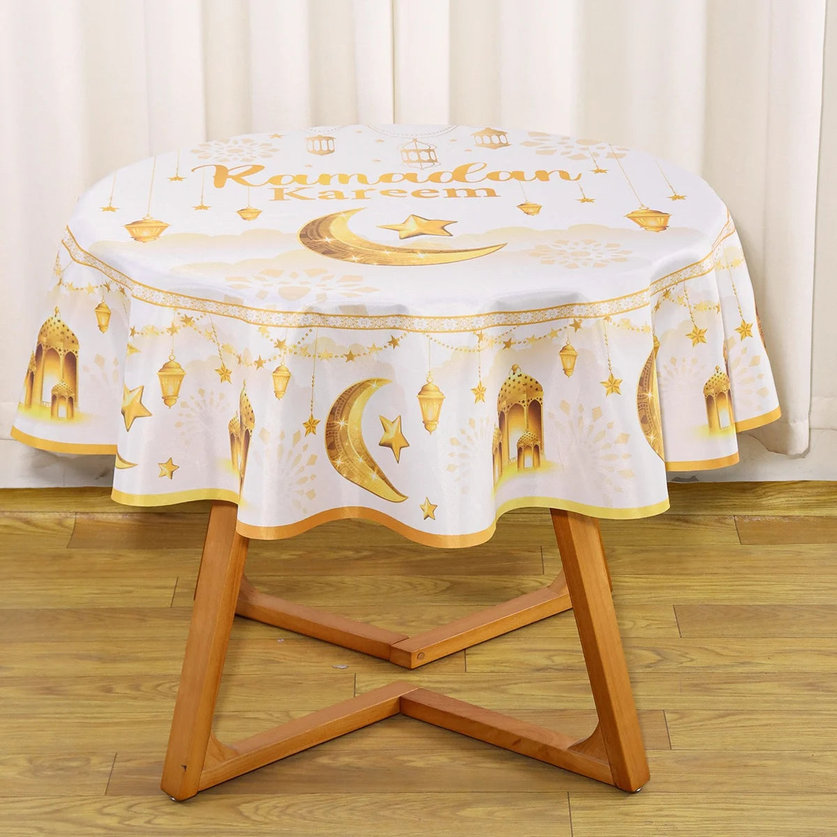 Ramadan Kareem Round Tablecloth – Reusable Islamic Table Decoration (2026).