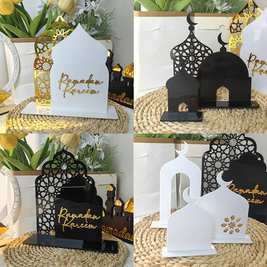 1set Acrylic Islamic Tabletop Decor Ramadan Kareem Mosque Castle Craft DIY Table Ornament Eid Mubarak Decoration 2025 For Home