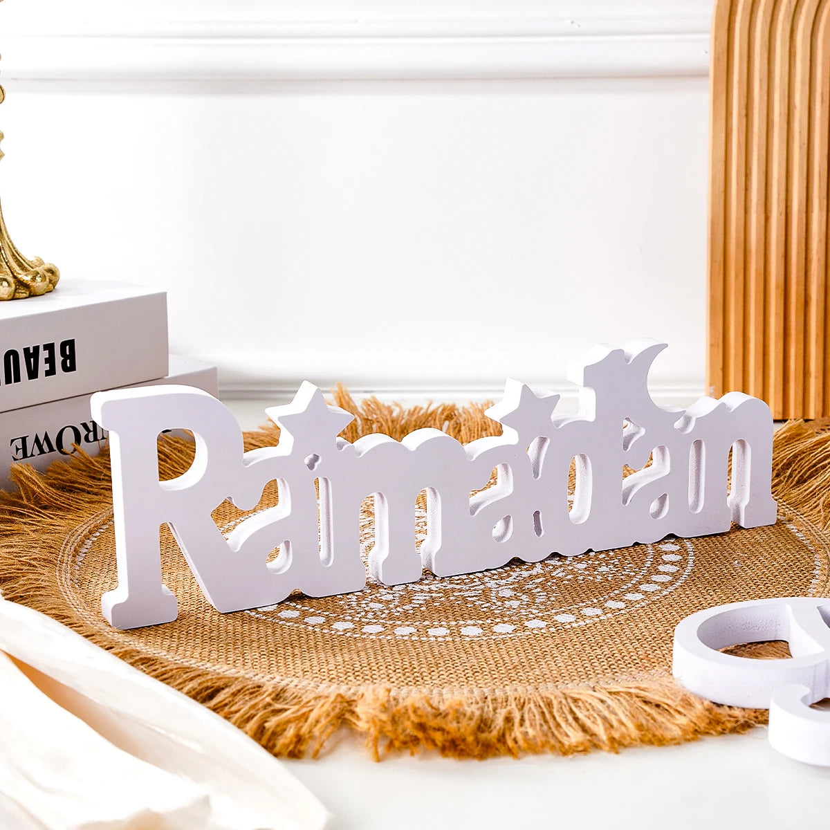 Ramadan Star & Moon Decorative Sign — Modern White Display
