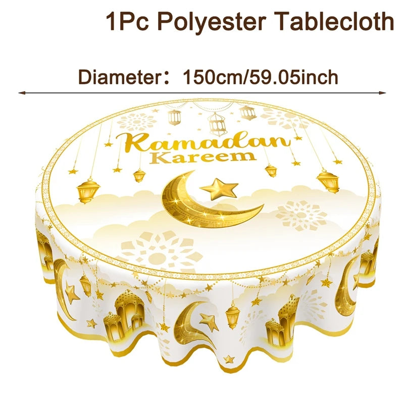 Ramadan Kareem Round Tablecloth – Reusable Islamic Table Decoration (2026).