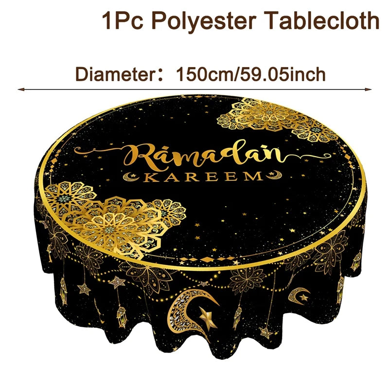 Ramadan Kareem Round Tablecloth – Reusable Islamic Table Decoration (2026).