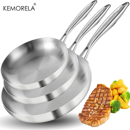 304 Stainless Steel Frying Pan Set (2–3 PCS, 22–28cm)