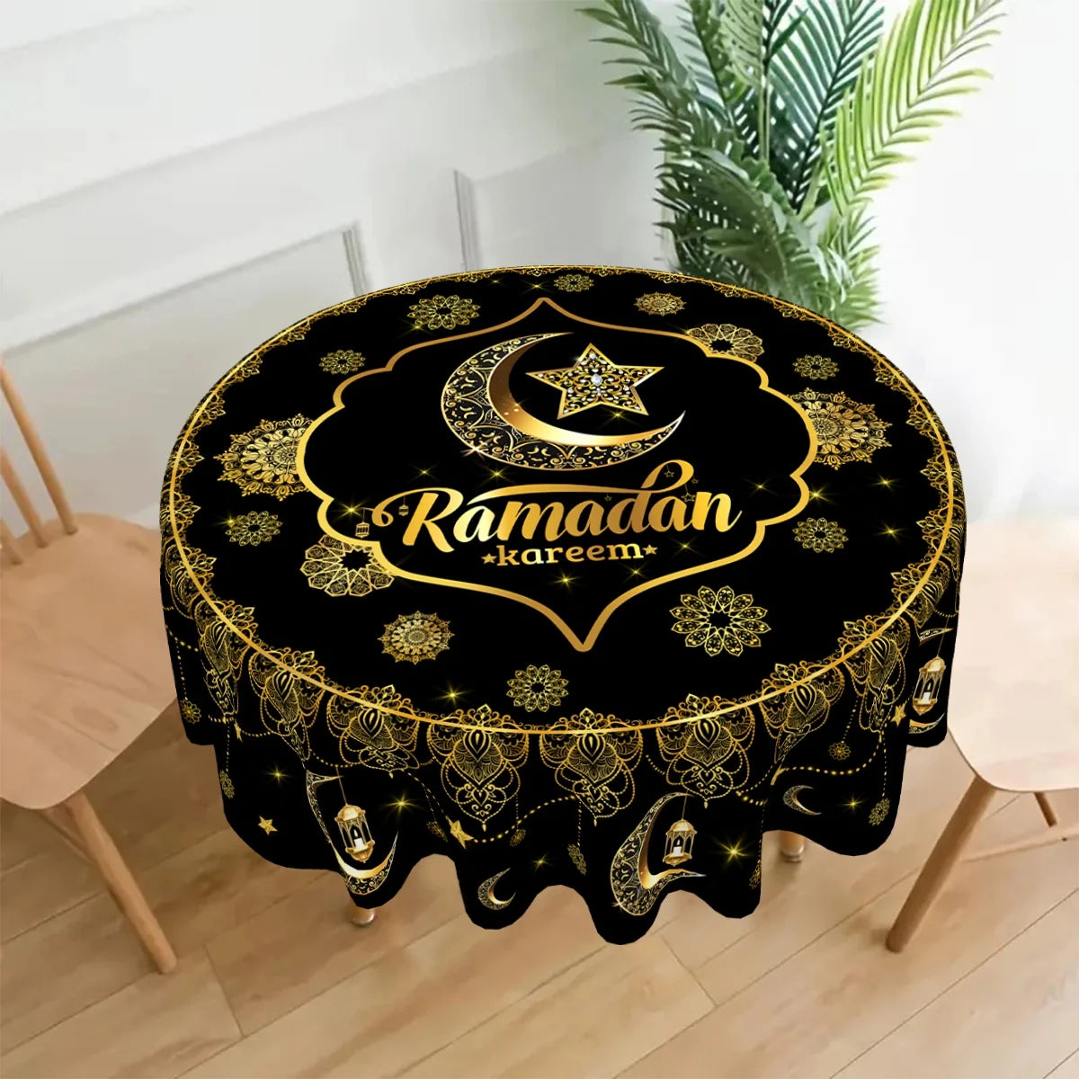 Ramadan Kareem Round Tablecloth – Reusable Islamic Table Decoration (2026).