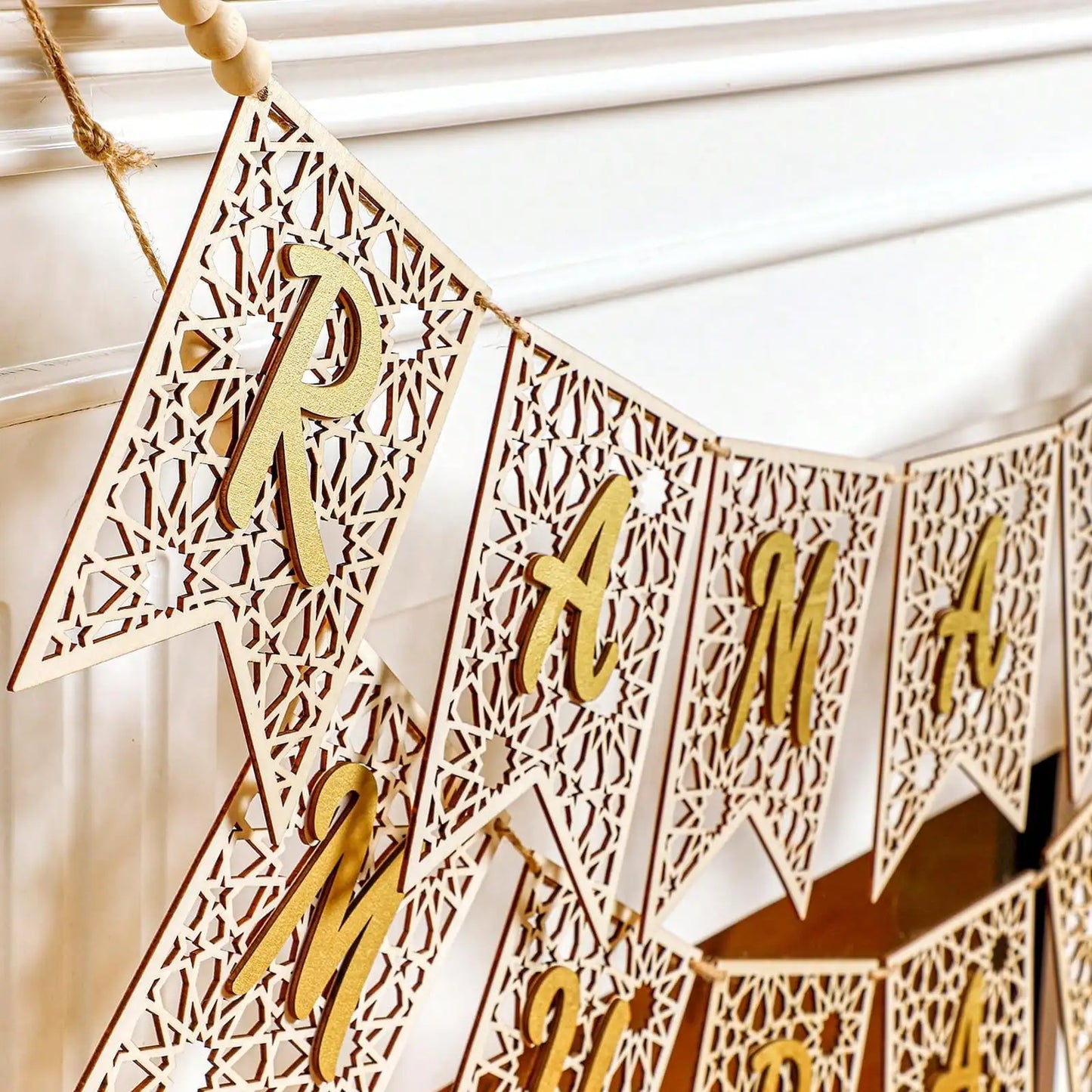 Ramadan/Eid Decoration-Wooden Decorations Rustic Bead Banner Decor Supplies For Home Decoration