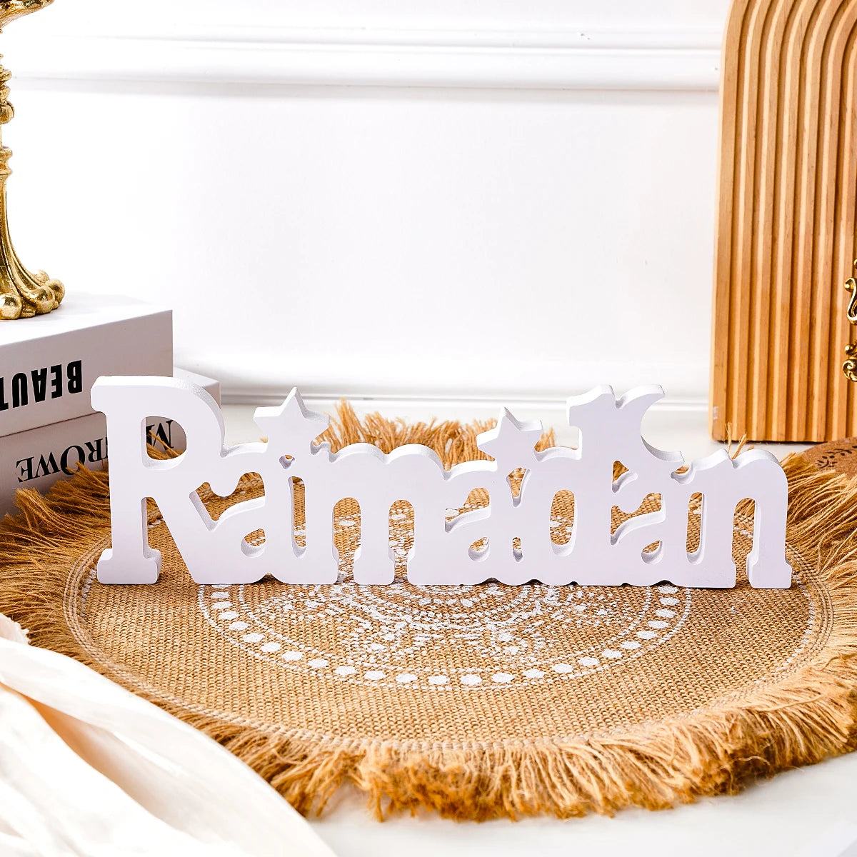 Ramadan Star & Moon Decorative Sign — Modern White Display